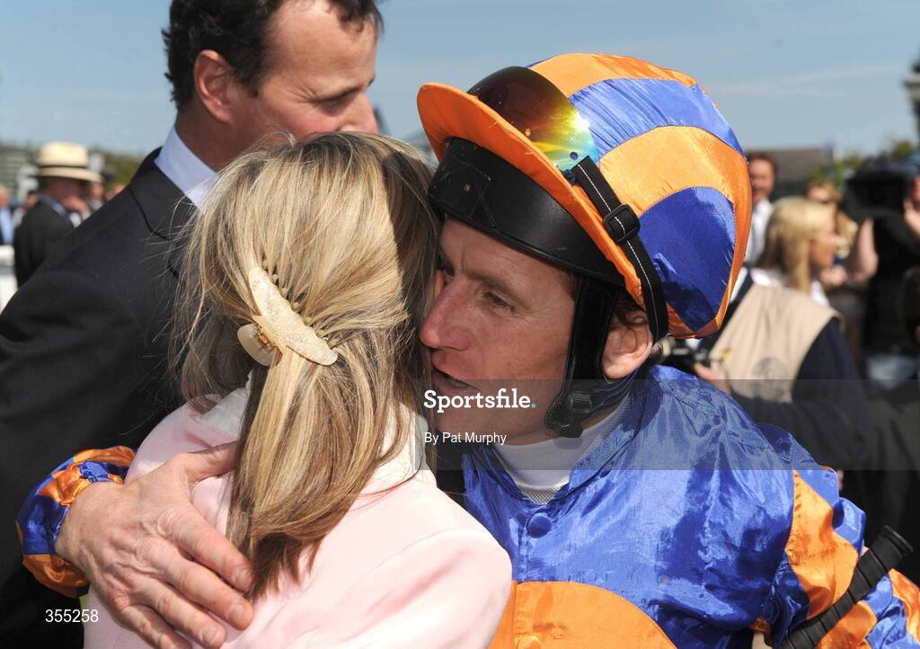 24 May 2009; Jockey Johnny Murtagh celebrates with Katie Wachman, wife of trainer David Wachman, after winning the Boylesports.com Irish 1,000 Guineas on Again. Boylesports.com Irish Guineas Festival 2009, Curragh Racecourse, Co. Kildare. Picture credit: Pat Murphy / SPORTSFILE
