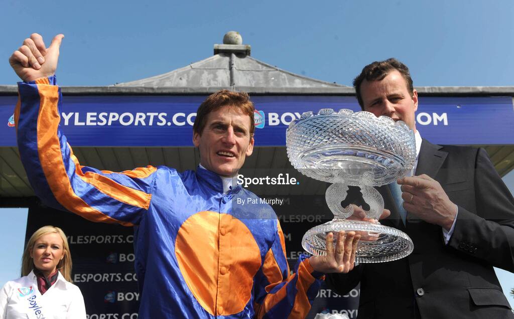24 May 2009; Jockey Johnny Murtagh celebrates with trainer David Wachman after winning the Boylesports.com Irish 1,000 Guineas on Again. Boylesports.com Irish Guineas Festival 2009, Curragh Racecourse, Co. Kildare. Picture credit: Pat Murphy / SPORTSFILE
