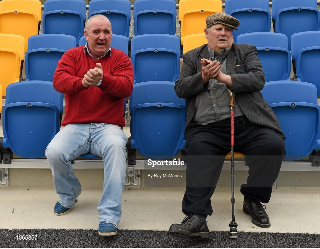 11 October 2015; Kieran Shannon, left, and Eddie Boylan, cheer on the Blessington players during the Minor final. Renault Ireland Wicklow County Senior Football Championship Final, Rathnew v St Patrick's. County Grounds, Aughrim, Co. Wicklow. Picture credit: Ray McManus / SPORTSFILE