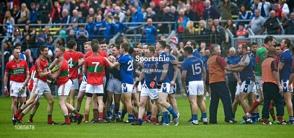 11 October 2015; Fighting breaks out between Rathnew and St Patrick's players before the game. Renault Ireland Wicklow County Senior Football Championship Final, Rathnew v St Patrick's. County Grounds, Aughrim, Co. Wicklow. Picture credit: Ray McManus / SPORTSFILE