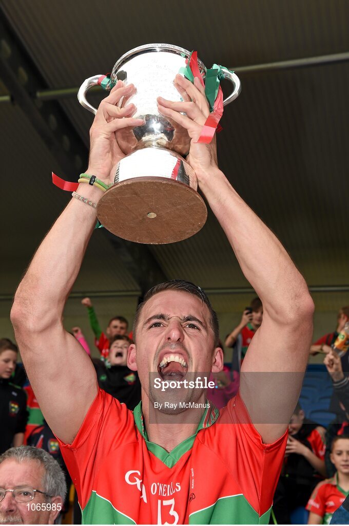 11 October 2015; The Rathnew captain, Nicky Mernagh, lifts the Miley Cup after the game. Renault Ireland Wicklow County Senior Football Championship Final, Rathnew v St Patrick's. County Grounds, Aughrim, Co. Wicklow. Picture credit: Ray McManus / SPORTSFILE