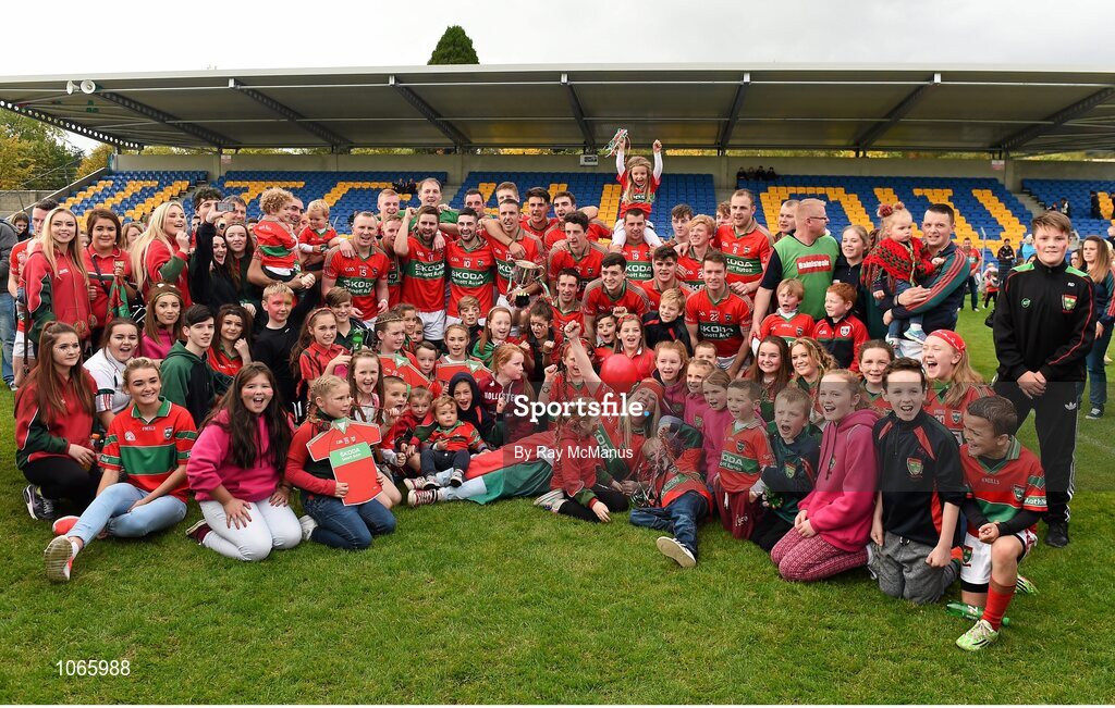 11 October 2015; The Rathnew players and supporters celebrate after the game. Renault Ireland Wicklow County Senior Football Championship Final, Rathnew v St Patrick's. County Grounds, Aughrim, Co. Wicklow. Picture credit: Ray McManus / SPORTSFILE