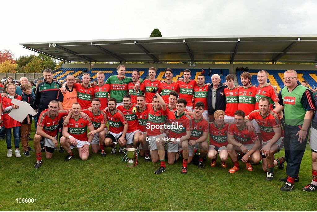 11 October 2015; The Rathnew players celebrate after the game. Renault Ireland Wicklow County Senior Football Championship Final, Rathnew v St Patrick's. County Grounds, Aughrim, Co. Wicklow. Picture credit: Ray McManus / SPORTSFILE