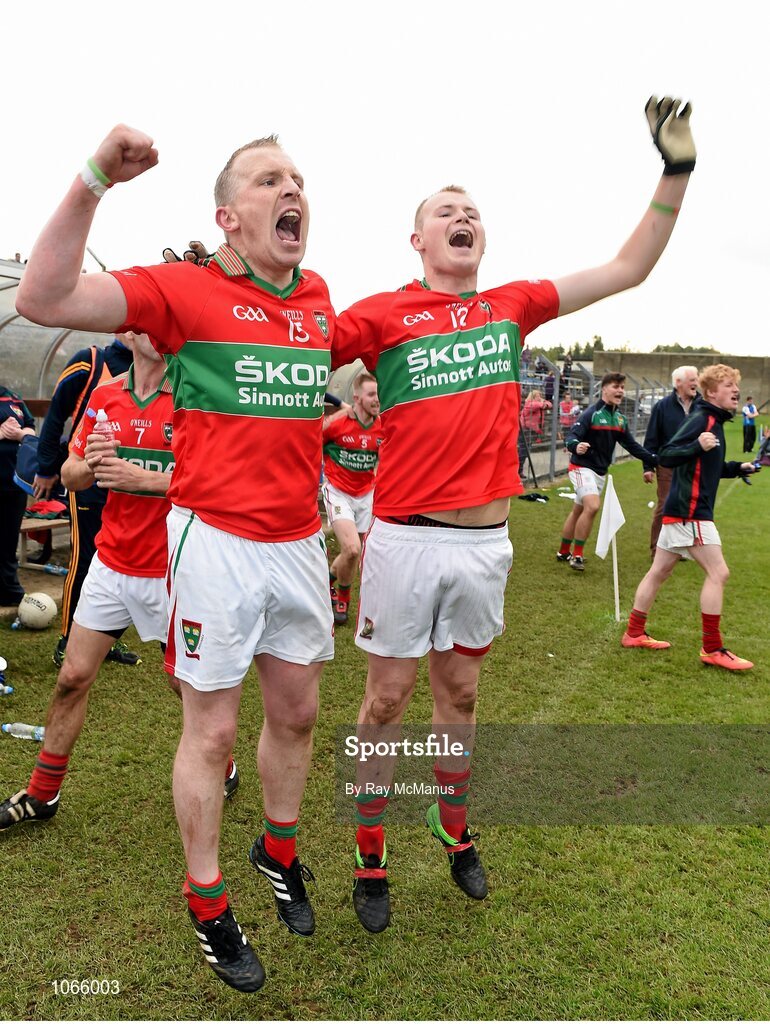 11 October 2015; Rathnew forwards Stephen Byrne, left, and Theo Smyth, who had been substituted earlier, celebrate as the final whistle blows. Renault Ireland Wicklow County Senior Football Championship Final, Rathnew v St Patrick's. County Grounds, Aughrim, Co. Wicklow. Picture credit: Ray McManus / SPORTSFILE