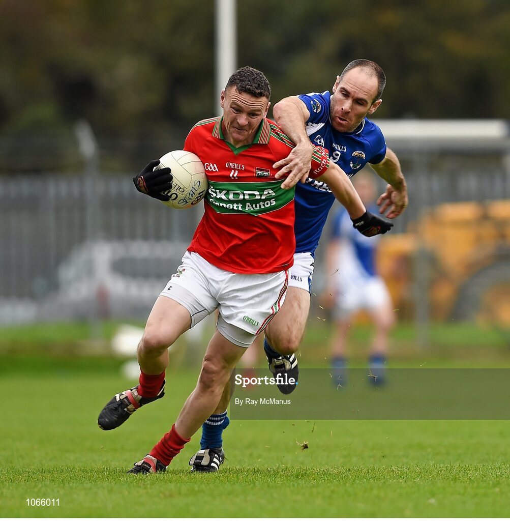 11 October 2015; Leighton Glynn, Rathnew, in action against Patrick McWalter, St Patrick's. Renault Ireland Wicklow County Senior Football Championship Final, Rathnew v St Patrick's. County Grounds, Aughrim, Co. Wicklow. Picture credit: Ray McManus / SPORTSFILE