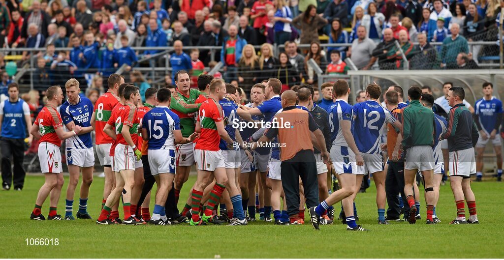 11 October 2015; Fighting breaks out between Rathnew and St Patrick's players before the game. Renault Ireland Wicklow County Senior Football Championship Final, Rathnew v St Patrick's. County Grounds, Aughrim, Co. Wicklow. Picture credit: Ray McManus / SPORTSFILE