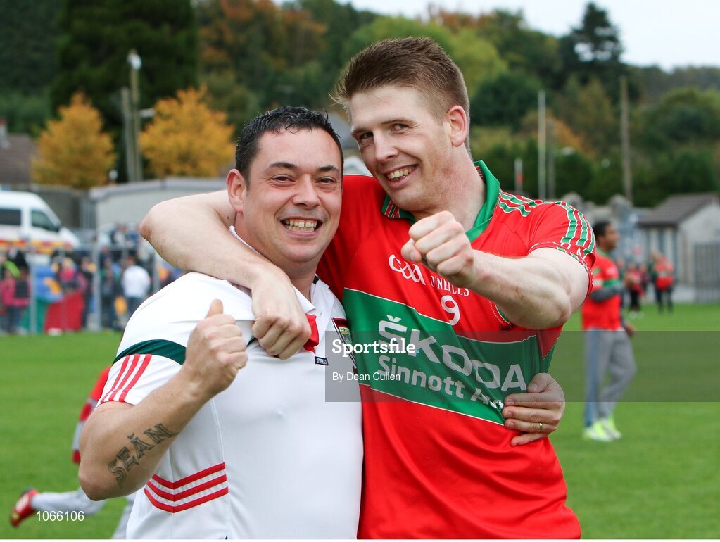11 October 2015; Rathnew coach Darren Ronan and James Stafford celebrate after the game. Renault Ireland Wicklow County Senior Football Championship Final, Rathnew v St Patrick's. County Grounds, Aughrim, Co. Wicklow. Picture credit: Dean Cullen / SPORTSFILE