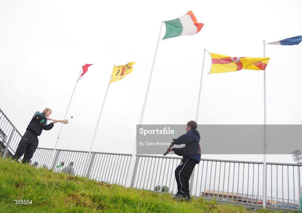 24 May 2009; Ryan McCullion, left, and Niall McCullion, from Derry city playing hurling before the game. Ulster GAA Football Senior Championship Quarter-Final, Derry v Monaghan, Celtic Park, Derry. Picture credit: Daire Brennan / SPORTSFILE