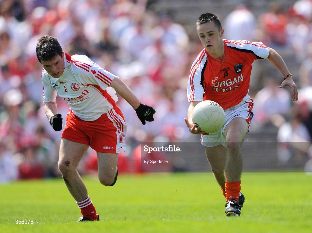 31 May 2009; Robbie Tasker, Armagh, in action against Shea McGarrity, Tyrone. Ulster GAA Football Minor Championship, Tyrone v Armagh, St. Tiernach's Park, Clones, Co.Monaghan. Photo by Sportsfile