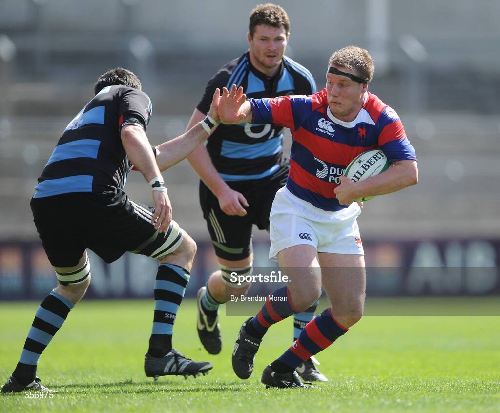 9 May 2009; Niall Carson, Clontarf, is tackled by Padraic O'Brien, Shannon. AIB League Division 1 Final, Shannon v Clontarf, Thomond Park, Limerick. Picture credit: Brendan Moran / SPORTSFILE