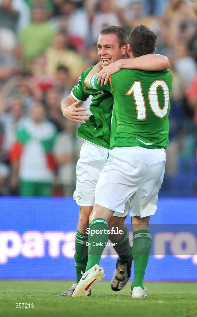 6 June 2009; Richard Dunne, left, Republic of Ireland, celebrates after scoring his side's first goal with team-mate Robbie Keane. 2010 FIFA World Cup Qualifier, Bulgaria v Republic of Ireland, Vasil Levski Stadion, Sofia, Bulgaria. Picture credit: David Maher / SPORTSFILE
