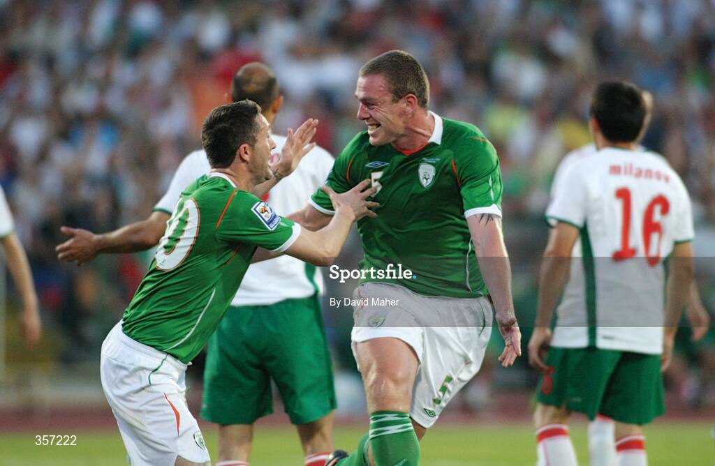 6 June 2009; Richard Dunne, right, Republic of Ireland, celebrates after scoring his side's first goal with team-mate Robbie Keane. 2010 FIFA World Cup Qualifier, Bulgaria v Republic of Ireland, Vasil Levski Stadion, Sofia, Bulgaria. Picture credit: David Maher / SPORTSFILE