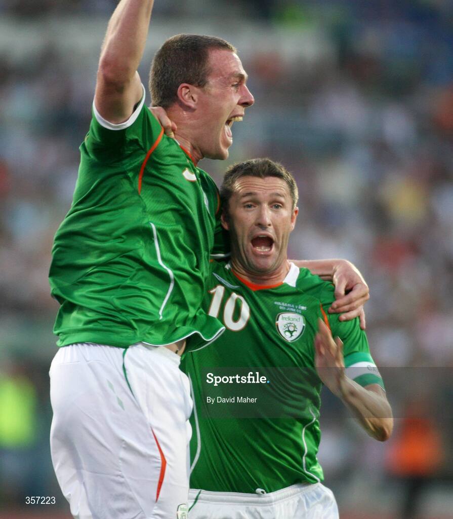 6 June 2009; Richard Dunne, left, Republic of Ireland, celebrates after scoring his side's first goal with team-mate Robbie Keane. 2010 FIFA World Cup Qualifier, Bulgaria v Republic of Ireland, Vasil Levski Stadion, Sofia, Bulgaria. Picture credit: David Maher / SPORTSFILE