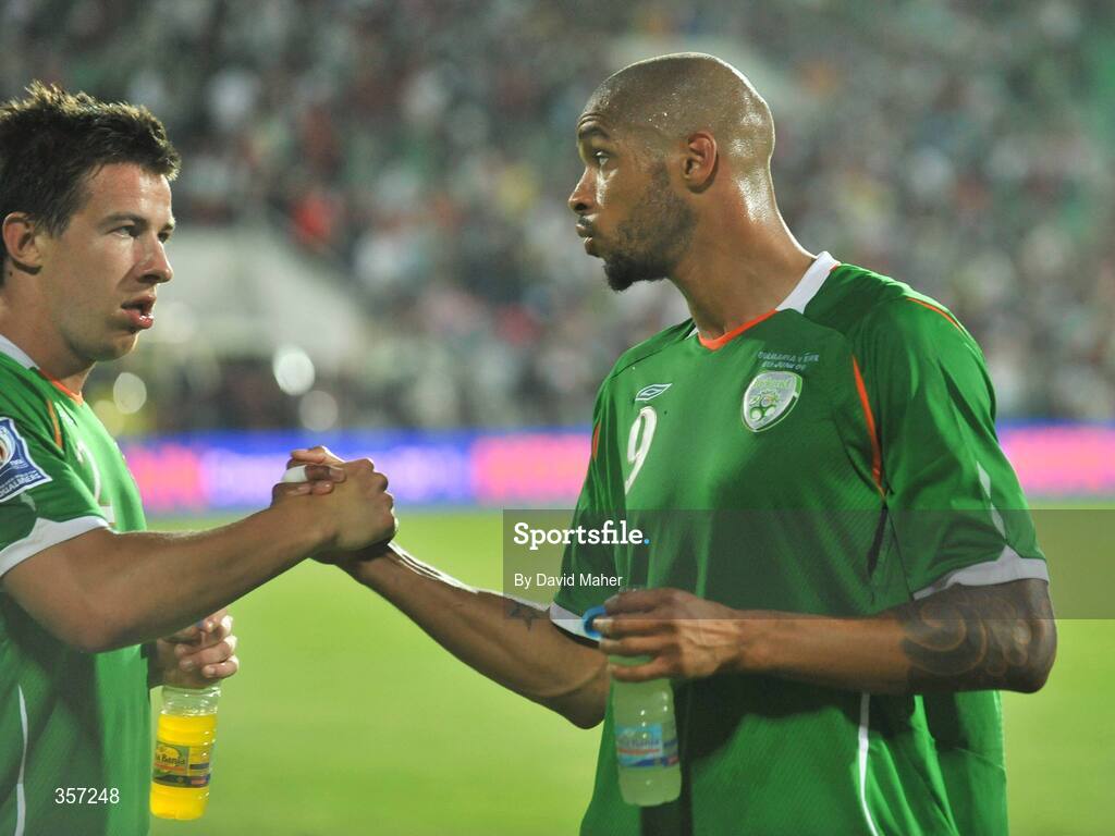 6 June 2009; Sean St.Ledger, left, Republic of Ireland celebrates at the end of the game with team-mate Caleb Folan. 2010 FIFA World Cup Qualifier, Bulgaria v Republic of Ireland, Vasil Levski Stadion, Sofia, Bulgaria. Picture credit: David Maher / SPORTSFILE