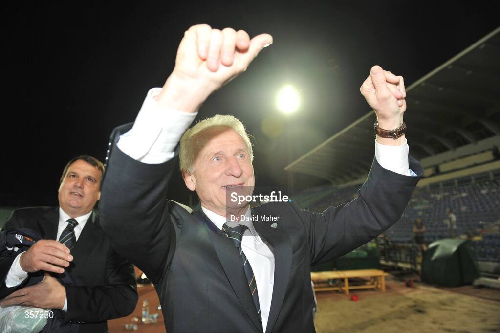 6 June 2009; Republic of Ireland manager Giovanni Trapattoni waves to the supporters at the end of the game. 2010 FIFA World Cup Qualifier, Bulgaria v Republic of Ireland, Vasil Levski Stadion, Sofia, Bulgaria. Picture credit: David Maher / SPORTSFILE