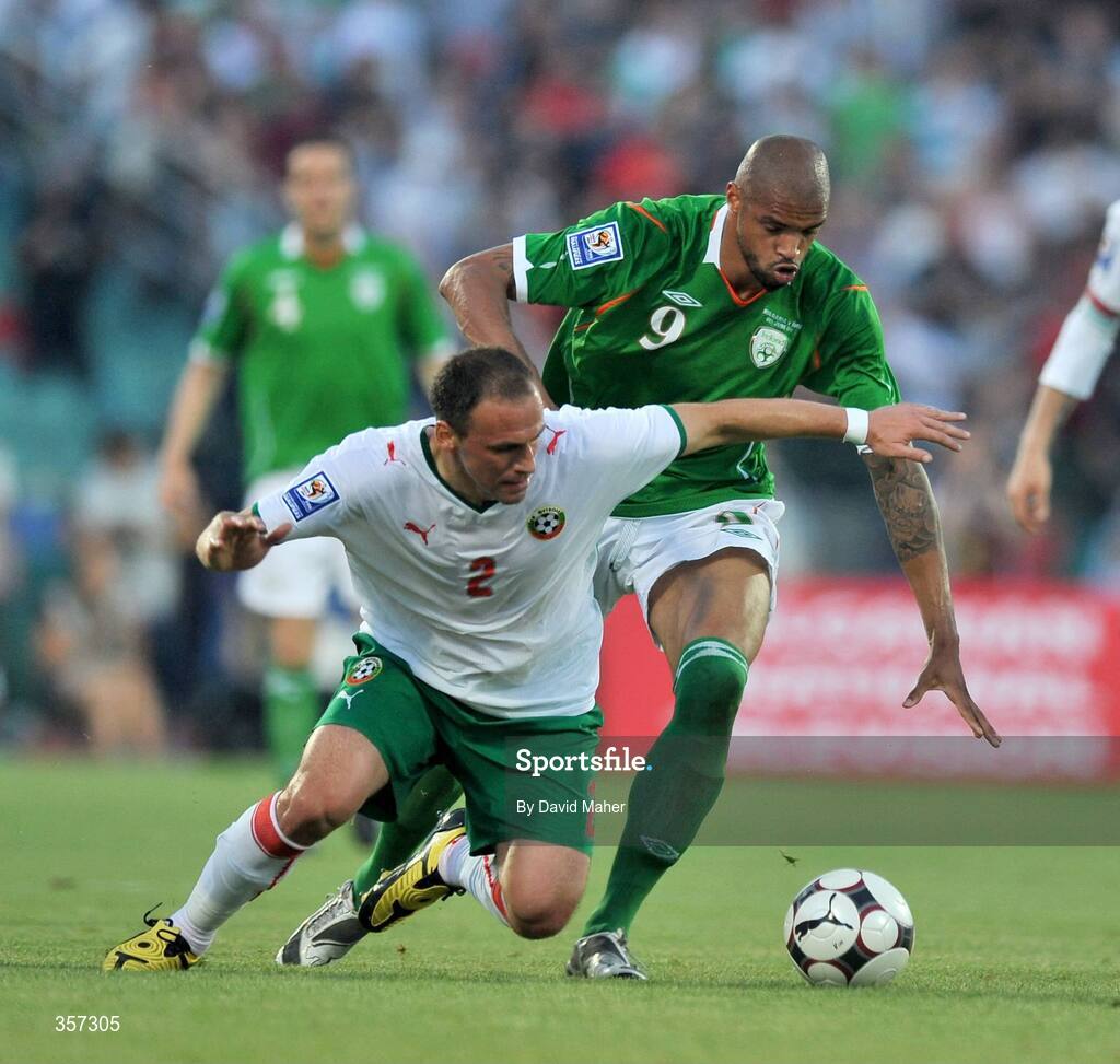 6 June 2009; Caleb Folan, Republic of Ireland, in action against Radostin Kishishev, Bulgaria. 2010 FIFA World Cup Qualifier, Bulgaria v Republic of Ireland, Vasil Levski Stadion, Sofia, Bulgaria. Picture credit: David Maher / SPORTSFILE