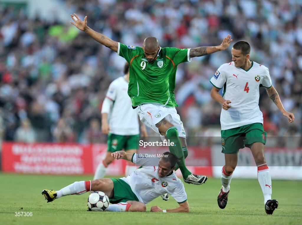 6 June 2009; Caleb Folan, Republic of Ireland, in action against Radostin Kishishev, no.2 and Igor Tomasic, Bulgaria. 2010 FIFA World Cup Qualifier, Bulgaria v Republic of Ireland, Vasil Levski Stadion, Sofia, Bulgaria. Picture credit: David Maher / SPORTSFILE