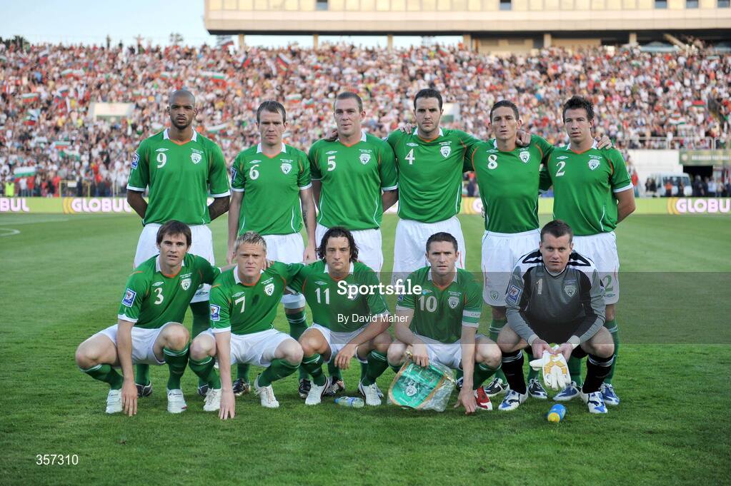 6 June 2009; Republic of Ireland team, back row left to right, Caleb Folan, Glenn Whelan, Richard Dunne, John O'Shea, Keith Andrews and Sean St.Ledger; front row left to right, Kevin Kilbane, Damien Duff, Stephen Hunt, Robbie Keane and Shay Given. 2010 FIFA World Cup Qualifier, Bulgaria v Republic of Ireland, Vasil Levski Stadion, Sofia, Bulgaria. Picture credit: David Maher / SPORTSFILE