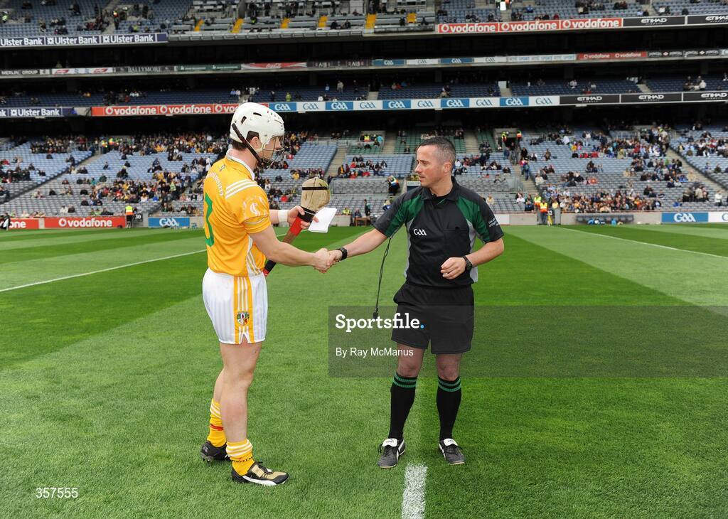7 June 2009; Antrim captain Neil McGarry presents the teamsheet to match referee James McGrath. Leinster GAA Hurling Senior Championship First Round, Dublin v Antrim, Croke Park, Dublin. Picture credit: Ray McManus / SPORTSFILE