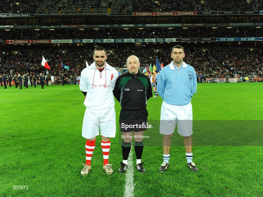 31 January 2009; The Tyrone captain Ryan McMenamin and Dublin captain David Henry with referee Martin Duffy before the game. Allianz GAA National Football League, Division 1, Round 1, Dublin v Tyrone, Croke Park, Dublin. Picture credit: Ray McManus / SPORTSFILE