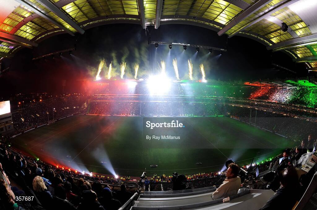 31 January 2009; A general view of the lighting and fireworks show during activities to mark the start of the 125th Anniversary Celebrations of the founding of the GAA in 1884. Dublin v Tyrone, Allianz GAA National Football League, Division 1, Round 1. Croke Park, Dublin. Picture credit: Ray McManus / SPORTSFILE