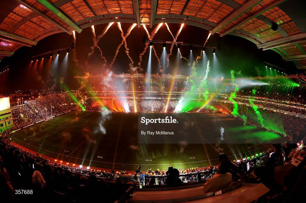 31 January 2009; A general view of the lighting and fireworks show during activities to mark the start of the 125th Anniversary Celebrations of the founding of the GAA in 1884. Dublin v Tyrone, Allianz GAA National Football League, Division 1, Round 1. Croke Park, Dublin. Picture credit: Ray McManus / SPORTSFILE
