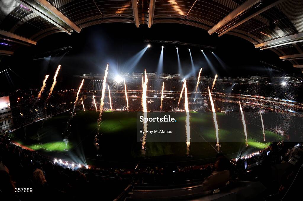 31 January 2009; A general view of the lighting and fireworks show during activities to mark the start of the 125th Anniversary Celebrations of the founding of the GAA in 1884. Dublin v Tyrone, Allianz GAA National Football League, Division 1, Round 1. Croke Park, Dublin. Picture credit: Ray McManus / SPORTSFILE
