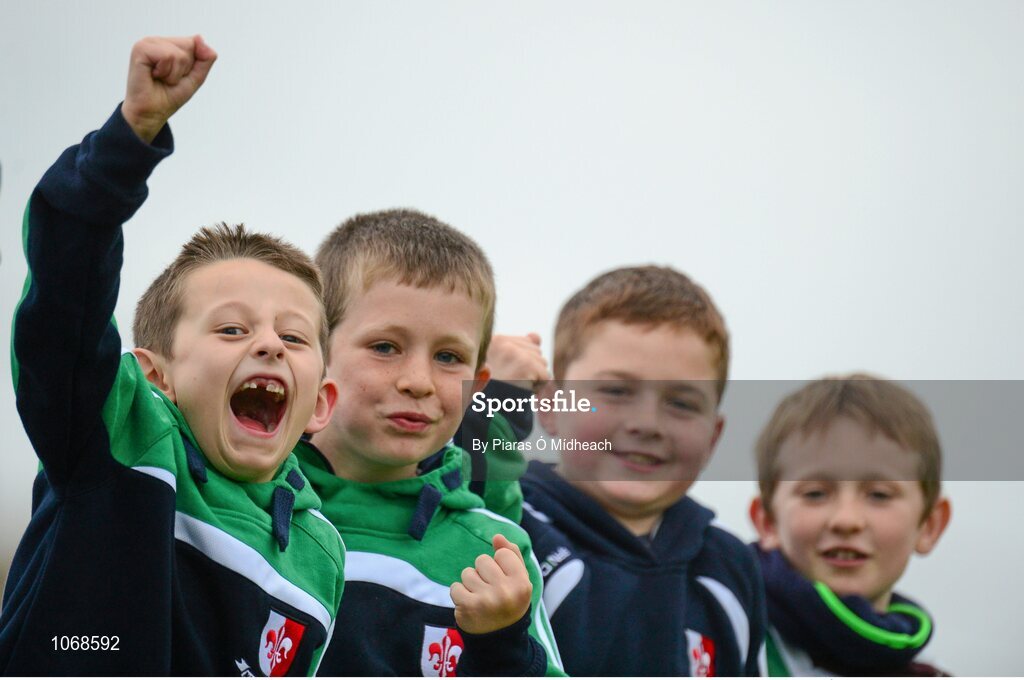 18 October 2015; Sarsfields supporters Conor Smith, age 8, with Sean Farrelly, age 9, Noah Donnelly, age 8, and Sam Guine, age 8, at the game. Kildare County Senior Football Championship Final, Athy v Sarsfields. St Conleth's Park, Newbridge, Co. Kildare. Picture credit: Piaras Ó Mídheach / SPORTSFILE
