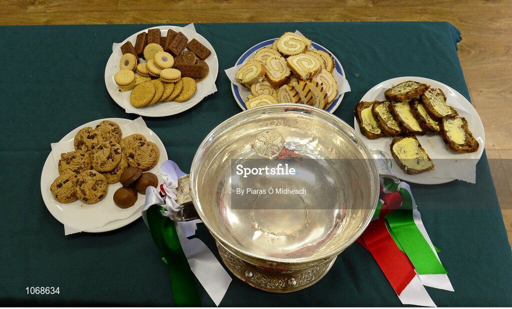 18 October 2015; The Dermot Bourke Cup sits on the table in the meeting room as preparations are made for stewards refreshements ahead of the game. Kildare County Senior Football Championship Final, Athy v Sarsfields. St Conleth's Park, Newbridge, Co. Kildare. Picture credit: Piaras Ó Mídheach / SPORTSFILE