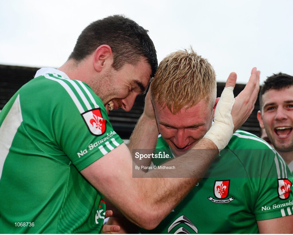 18 October 2015; Sarsfields Seán Campbell, left, and Ray Cahill, celebrate after the game. Kildare County Senior Football Championship Final, Athy v Sarsfields. St Conleth's Park, Newbridge, Co. Kildare. Picture credit: Piaras Ó Mídheach / SPORTSFILE