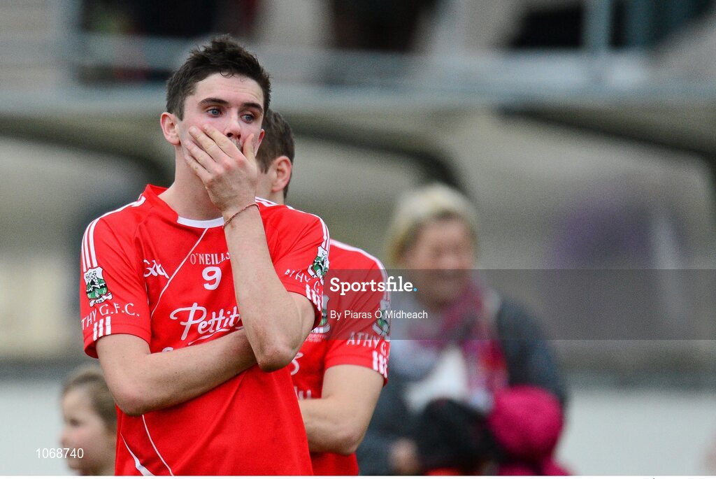 18 October 2015; David Hyland, Athy, dejected after the game. Kildare County Senior Football Championship Final, Athy v Sarsfields. St Conleth's Park, Newbridge, Co. Kildare. Picture credit: Piaras Ó Mídheach / SPORTSFILE