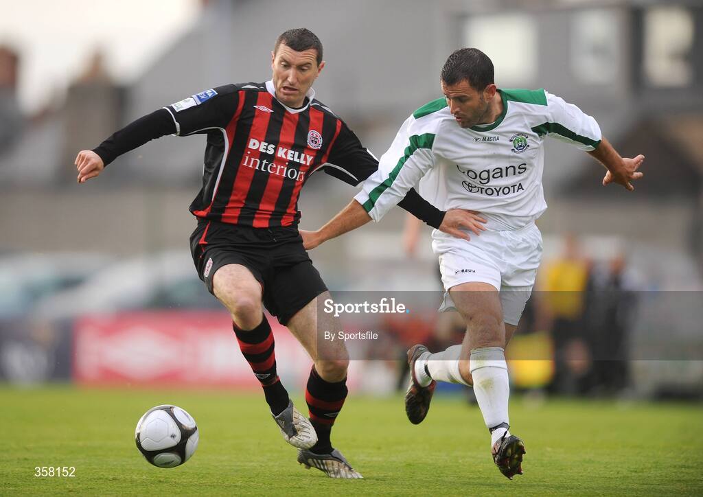 12 June 2009; Jason Byrne, Bohemians, in action against Robert Brosnan, Mayfield United. FAI Ford Cup Third Round, Bohemians v Mayfield United, Dalymount Park, Dublin. Photo by Sportsfile *** Local Caption ***