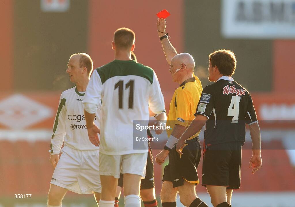 12 June 2009; Stephen Hurley, Mayfield United, is shown a red card by referee Declan Hanney. FAI Ford Cup Third Round, Bohemians v Mayfield United, Dalymount Park, Dublin. Photo by Sportsfile *** Local Caption ***