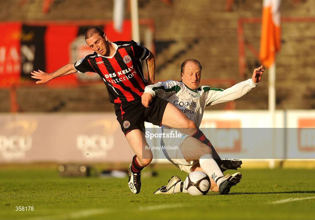 12 June 2009; Stephen Hurley, Mayfield United, in action against Owen Heary, Bohemians. FAI Ford Cup Third Round, Bohemians v Mayfield United, Dalymount Park, Dublin. Picture credit: Joey McGrath / SPORTSFILE *** Local Caption ***