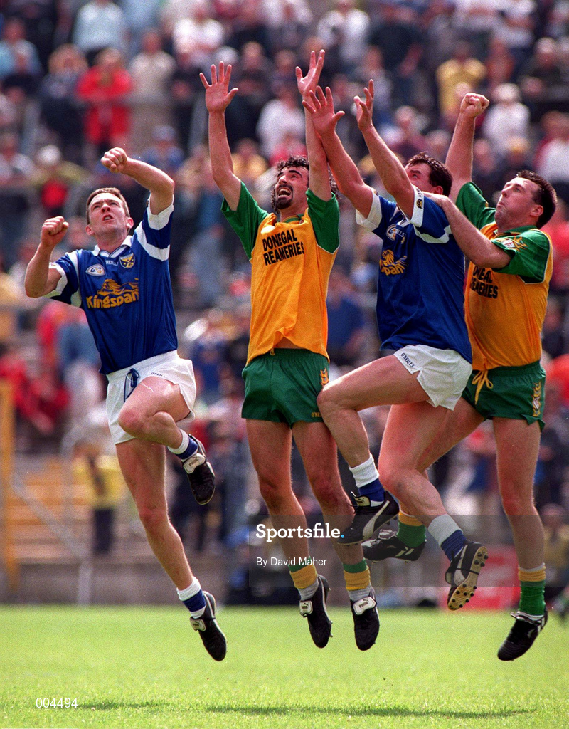 22 June 1997; Brian Murray of Cavan, right, supported by team-mate Jim McGuinness, in action against Patrick Shiels, centre and Stephen King of Cavan during the Ulster GAA Football Senior Championship Semi-Final match between Cavan and Donegal at St Tiernach's Park in Clones, Monaghan. Photo by David Maher/Sportsfile