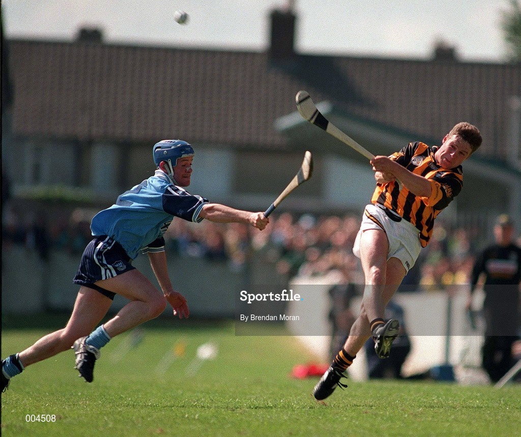31 May 1998; Charlie Carter of Kilkenny in action against John Finnegan of Dublin during the Leinster GAA Hurling Senior Championship Quarter-Final match betwenn Dublin and Kilkenny at Parnell Park in Dublin. Photo by Brendan Moran/Sportsfile