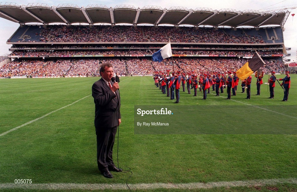 16 August 1998, GAA President Joe McDonagh invites patrons at Croke Park to join him in a minutes silence in memory of the people who lost their lives in Omagh on Saturday 15th August 1998 ahead of the Guinness All-Ireland Senior Hurling Championship Semi-Final match between Kilkenny and Waterford at Croke Park in Dublin. Photo by Ray McManus/Sportsfile