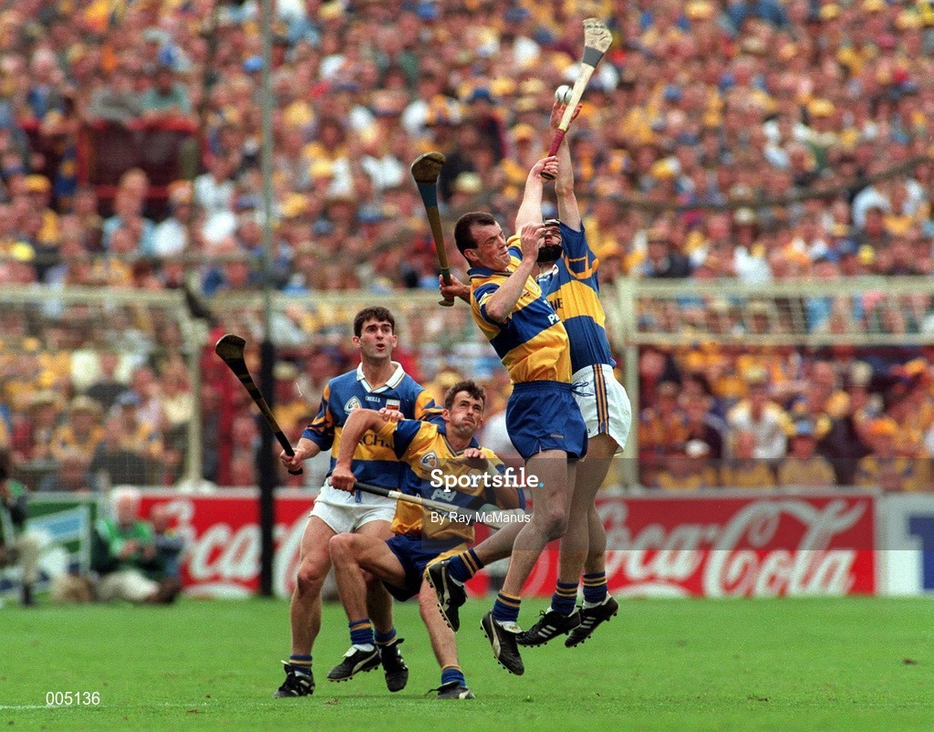 14 September 1997; Ollie Baker of Clare in action against Tommy Dunne of Tipperary during the All Ireland Hurling Final match between Clare and Tipperary at Croke Park in Dublin. Photo by Ray McManus/Sportsfile