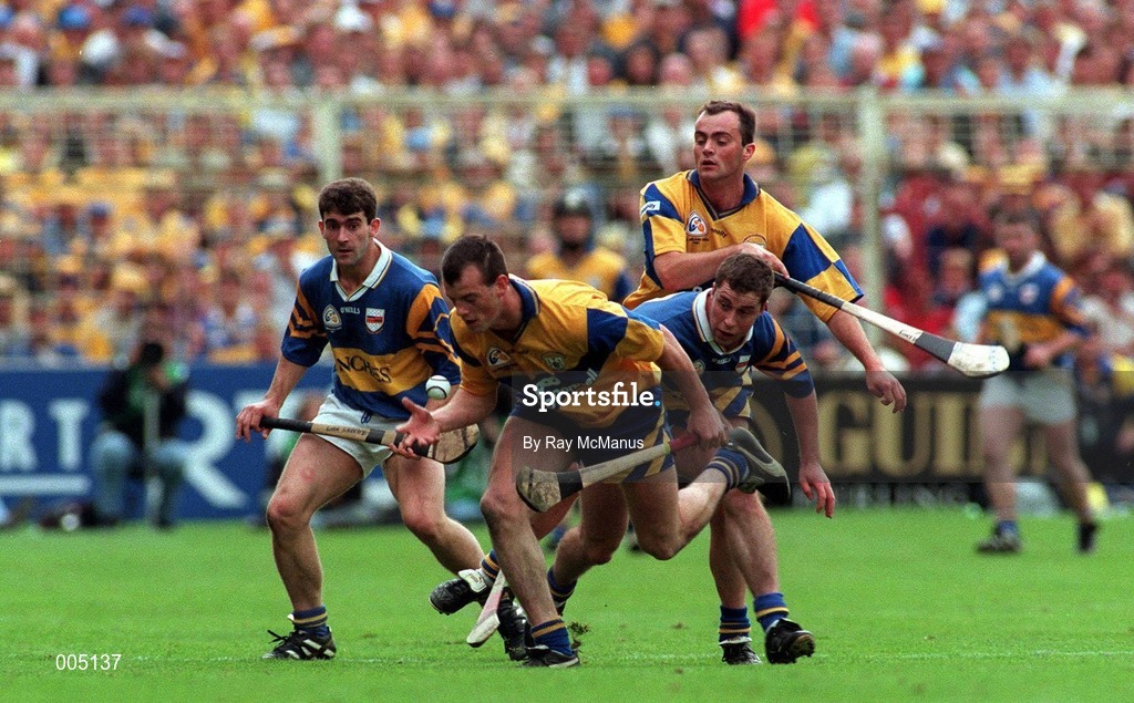 14 September 1997; Ollie Baker of Clare in action during the All Ireland Hurling Final match between Clare and Tipperary at Croke Park in Dublin. Photo by Ray McManus/Sportsfile