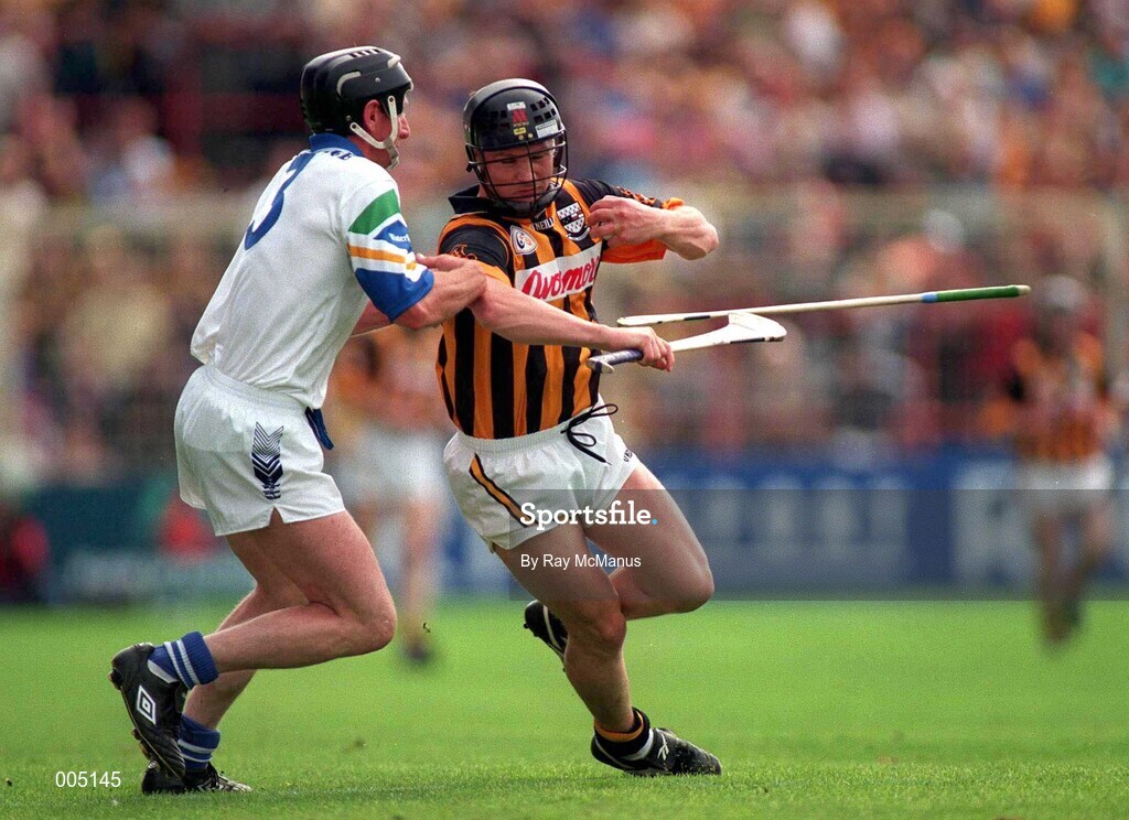 16 August 1998; PJ Delaney of Kilkenny in action against Sean Cullinane of Waterford during the GAA Hurling All-Ireland Senior Championship Semi-Final match between Kilkenny and Waterford at Croke Park in Dublin. Photo by Ray McManus/Sportsfile