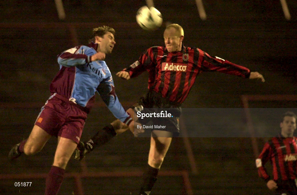 5 January 2001; Dave Hill of Bohemians in action against Trevor Vaughan of Drogheda United during the FAI Harp Lager Cup Second Round match between Bohemians and Drogheda United at Dalymount Park in Dublin. Photo by David Maher/Sportsfile