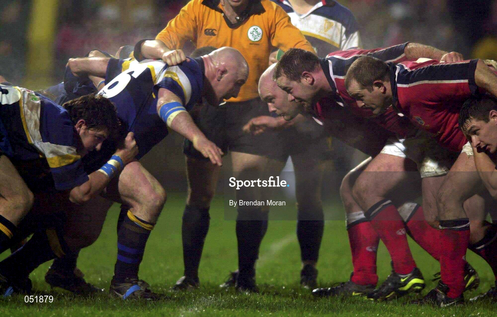 5 January 2001; The Leinster and Munster front rows square up for a scrum during the Interprovincial friendly match between Munster and Leinster at Musgrave Park in Cork. Photo by Brendan Moran/Sportsfile