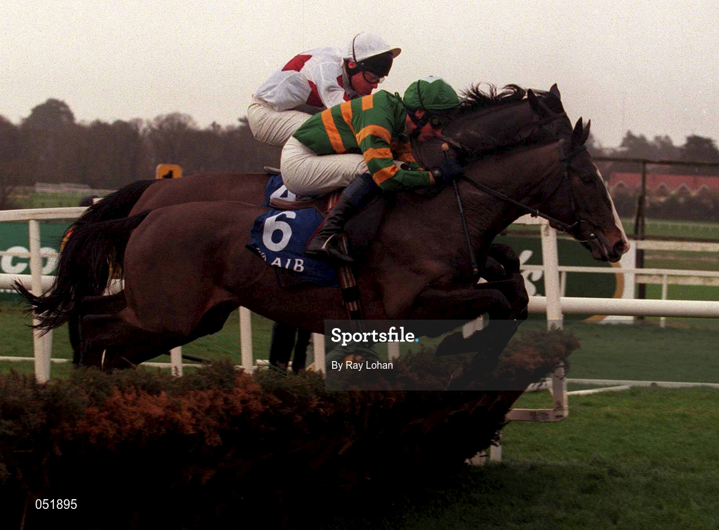 31 Decmber 2000; Aerleon Pete, with Frank Berry up, jumps the last ahead of Topacio, with Jason Titley up during the AIB Agri-Business December Festival Hurdle on day three of the Leopardstown Christmas Festival at Leopardstown Racecourse in Dublin. Photo by Ray Lohan/Sportsfile