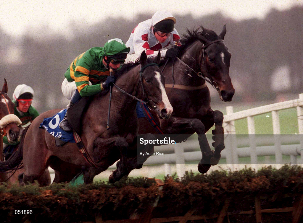 31 Decmber 2000; Aerleon Pete, with Frank Berry up, jumps the last ahead of Topacio, with Jason Titley up during the AIB Agri-Business December Festival Hurdle on day three of the Leopardstown Christmas Festival at Leopardstown Racecourse in Dublin. Photo by Aoife Rice/Sportsfile