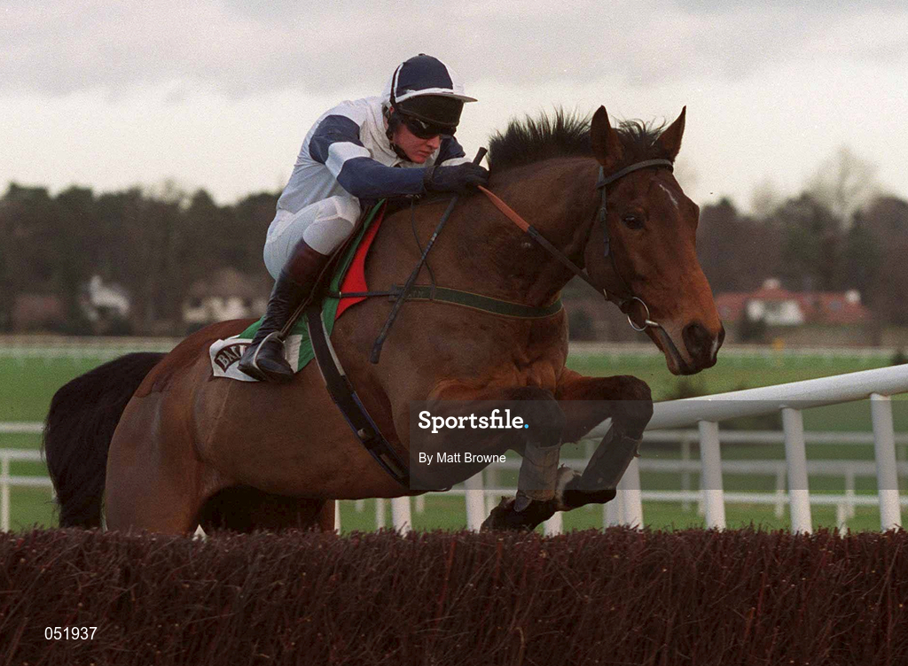 23 January 2000; Alexander Banquet, with Barry Geraghty, jumps the last on their way to finishing fourth in the Baileys Arkle Perpetual Challenge Cup at Leopardstown Racecourse in Dublin. Photo by Matt Browne/Sportsfile