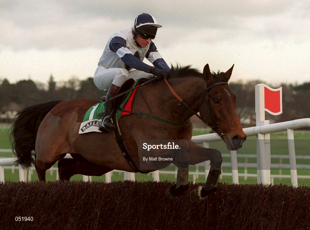 23 January 2000; Alexander Banquet, with Barry Geraghty, jumps the last on their way to finishing fourth in the Baileys Arkle Perpetual Challenge Cup at Leopardstown Racecourse in Dublin. Photo by Matt Browne/Sportsfile