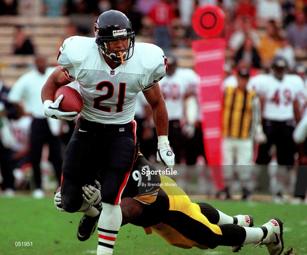 27 July 1997; Darnell Autry of Chicago Bears is tackled by Rod Manuel of Pittsburgh Steelers during the American Bowl between Chicago Bears and Pittsburgh Steelers at Croke Park in Dublin. Photo by Brendan Moran/Sportsfile