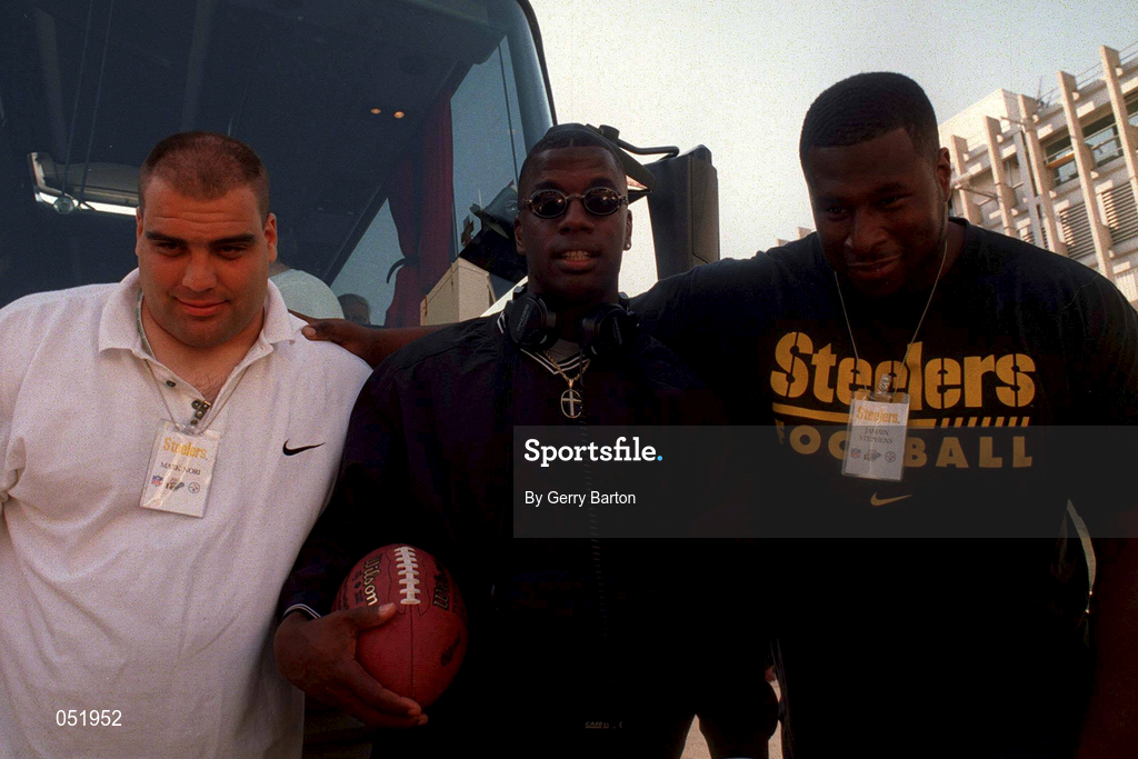 22 July 1997; Pittsburgh Steelers players, from left, Mark Nori, Kordell Stewart and Jamain Stephens pictured on their arrival to Dublin Airport prior to the American Bowl game against the Chicago Bears in Croke Park. Photo by Gerry Barton/Sportsfile