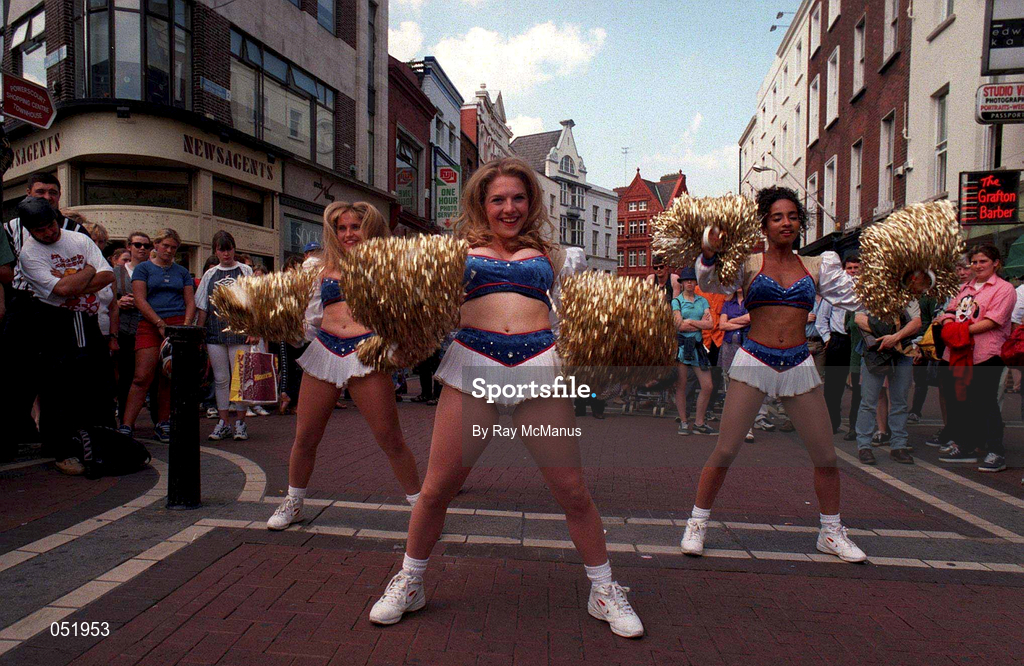 22 July 1997; Members of the Crown Jewels Cheerleaders, from left, Lisa Burston, Kerry Jenkins and Natasha Merogno who were in Grafton Street today to promote the Budweiser American Bowl which takes place in Croke Park on Sunday. Photo by Ray McManus/Sportsfile