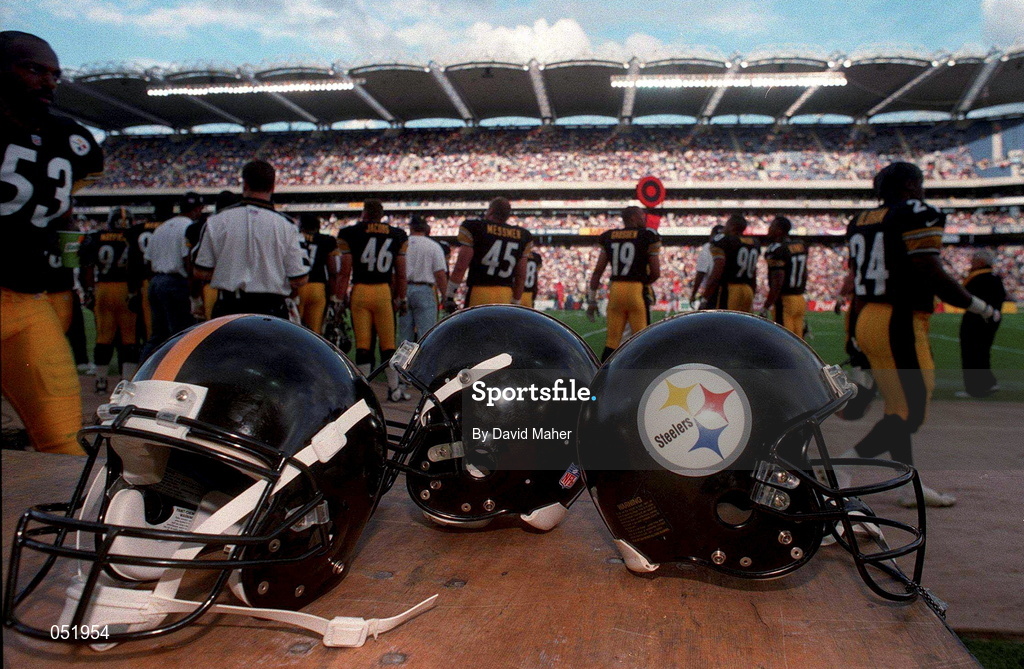 27 July 1997; A general view of Pittsburgh Steelers players helmets during the American Bowl between Chicago Bears and Pittsburgh Steelers at Croke Park in Dublin. Photo by David Maher/Sportsfile